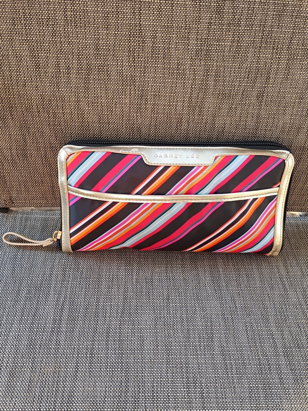 Dabney Lee Expandable Travel Tote with Multicolor Diagonal Stripes and Gold Trim